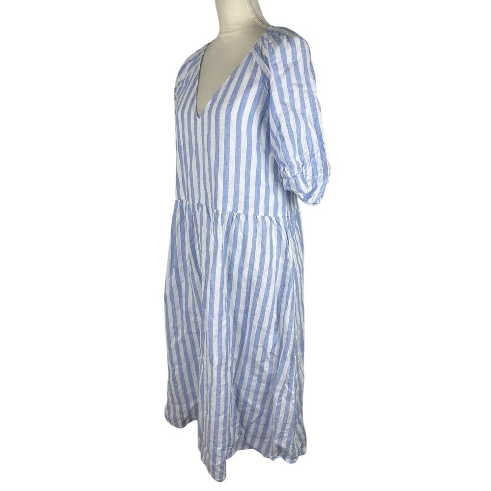 Everlane The Linen Oversized Puff Sleeve Midi Dress Striped Blue V-Neck Size XS - Picture 5 of 11